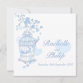 青い鳥がケージを開ける四角い結婚式招待状 招待状