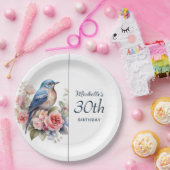 青い鳥とピンクの花 30歳の誕生日 ペーパープレート (パーティー)