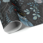 青い鳥と植物のエレガントな模様　ダーク背景 ラッピングペーパー (ロールコーナー)