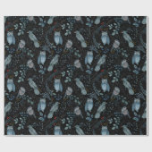 青い鳥と植物のエレガントな模様(濃い背景) ラッピングペーパー (フラット)