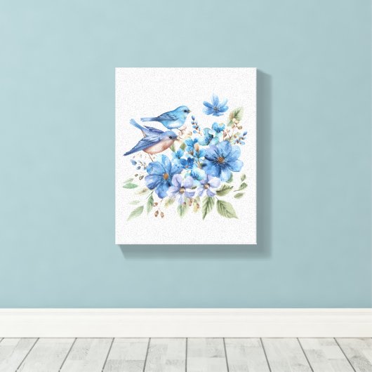 青い鳥と水彩の青い花のボタニカルアート キャンバスプリント (インサイチュ (ウッドフロア))