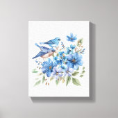 青い鳥と水彩の青い花のボタニカルアート キャンバスプリント (正面)