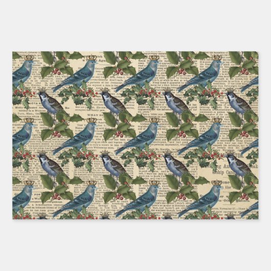 青い鳥と聖降誕祭の柊の実 ラッピングペーパーシート (正面)