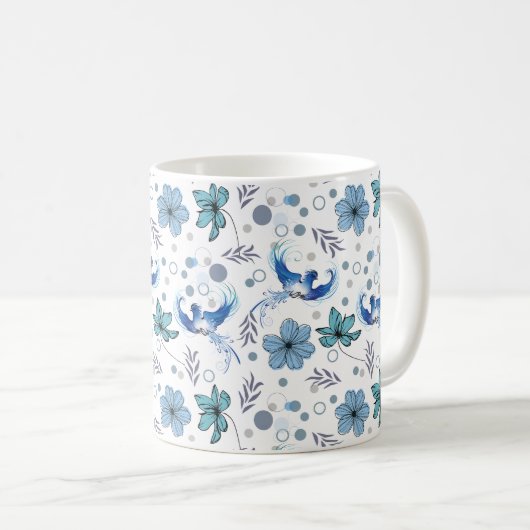 青い鳥と花のハーモニー シームレス パターン コーヒーマグカップ (正面右)