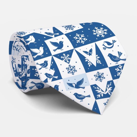 青い鳥と雪の結晶のクリスマス+冬の模様 ネクタイ (ロール)
