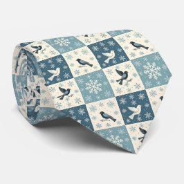 青い鳥と雪の結晶のクリスマス+冬の模様 ネクタイ
