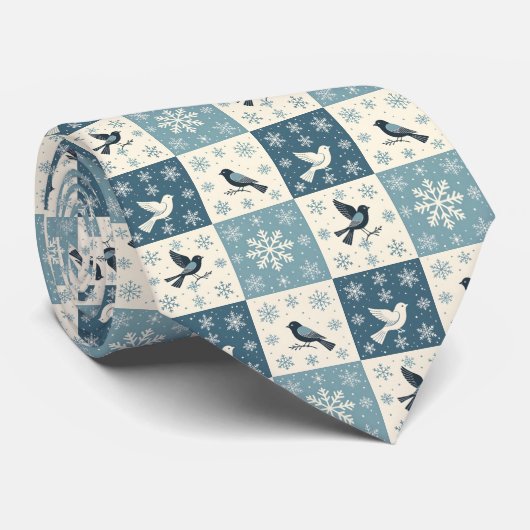 青い鳥と雪の結晶のクリスマス+冬の模様 ネクタイ (ロール)