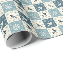 青い鳥と雪の結晶のクリスマス+冬の模様 ラッピングペーパー