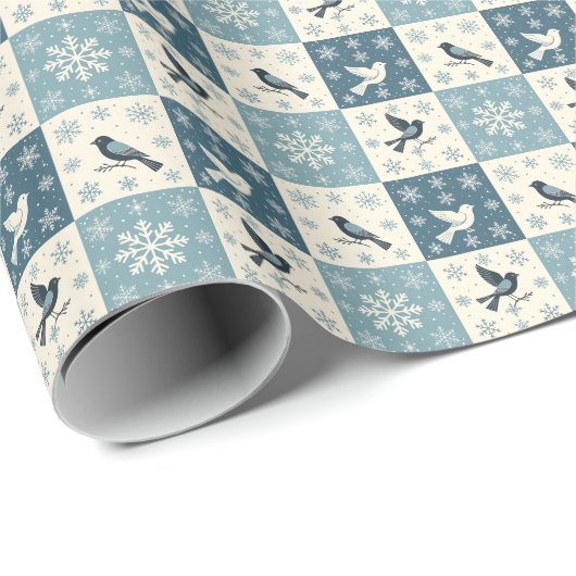 青い鳥と雪の結晶のクリスマス+冬の模様 ラッピングペーパー (ロールコーナー)