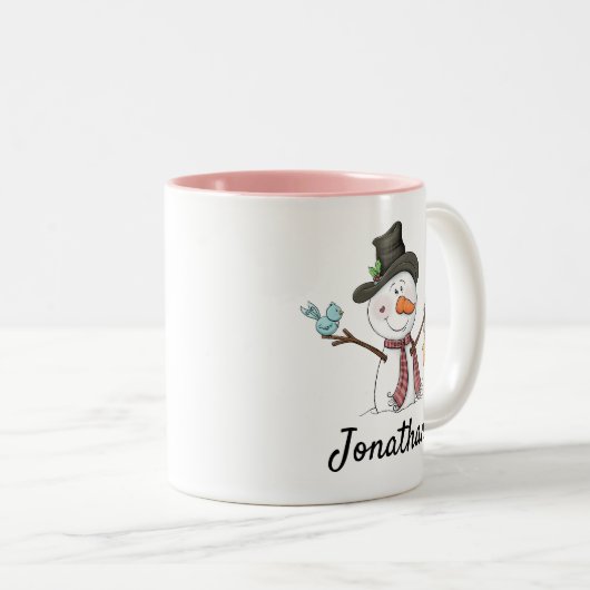 青い鳥のカスタマイズ可能なクリスマスを持つ雪だるま ツートーンマグカップ (正面右)