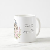 青い鳥の巣箱 喜び ピンクの花柄 コーヒーマグカップ (正面右)