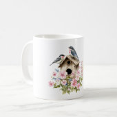 青い鳥の巣箱 喜び ピンクの花柄 コーヒーマグカップ (正面左)