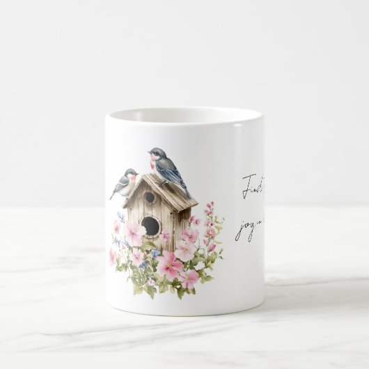 青い鳥の巣箱 喜び ピンクの花柄 コーヒーマグカップ (中央)