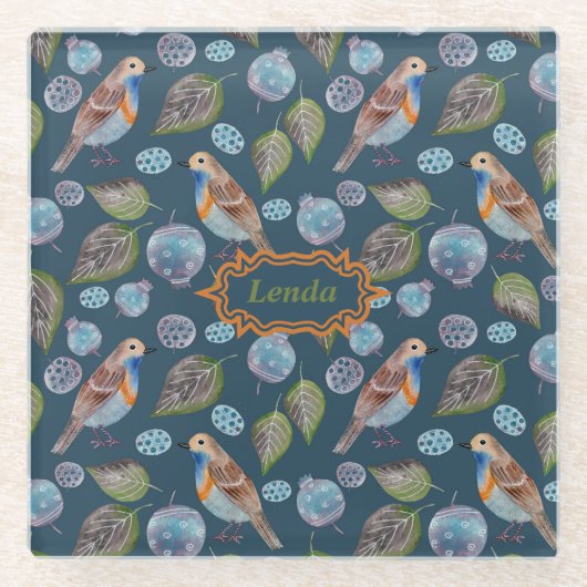 青い鳥の水彩模様 ガラスコースター (正面)