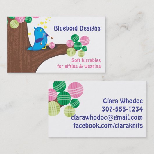 青い鳥の編み物の針の玉の糸の木 名刺 (正面/裏面)