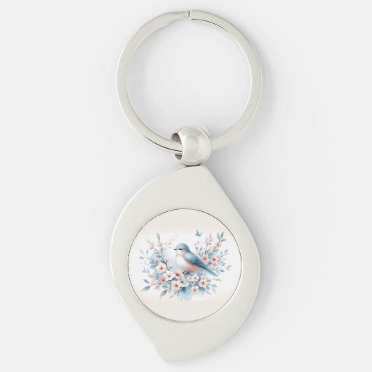 青い鳥の花の水彩画の静けさ キーホルダー (正面)