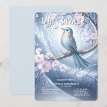 青い鳥の花柄のベビーシャワー招待状