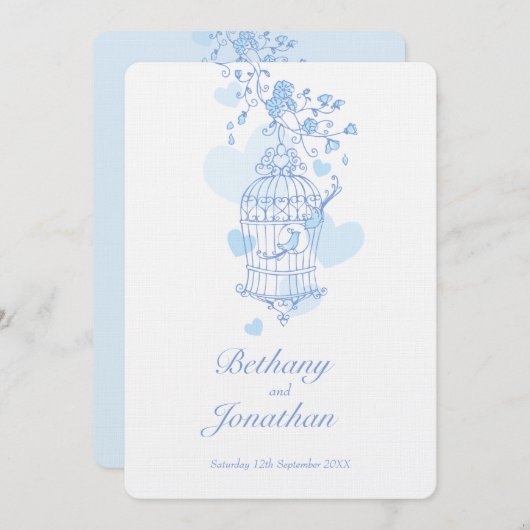 青い鳥ふたりの鳥かごウェディング 招待状 (正面/裏面)