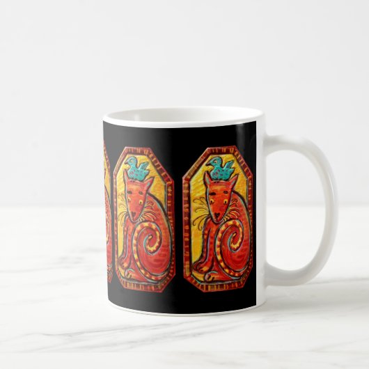 青い鳥を持つ民芸の好奇心が強い猫 コーヒーマグカップ (右)