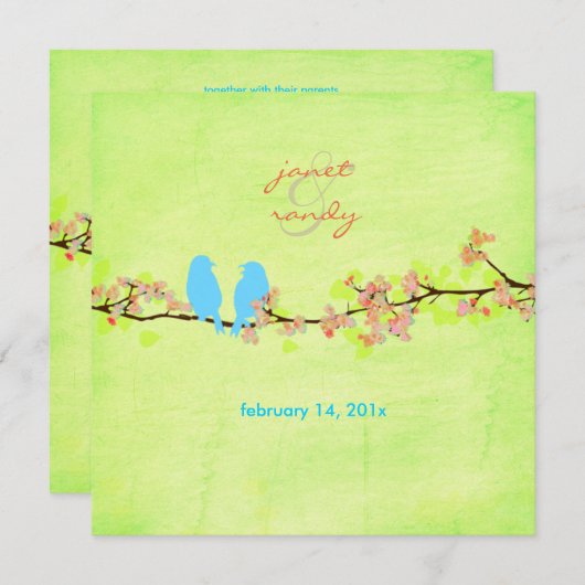 青い鳥/カラフルな花/グリーンラメ 招待状 (正面/裏面)