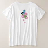 青い鳥、春フォークの花、前後 プラスサイズTシャツ (デザイン裏面)