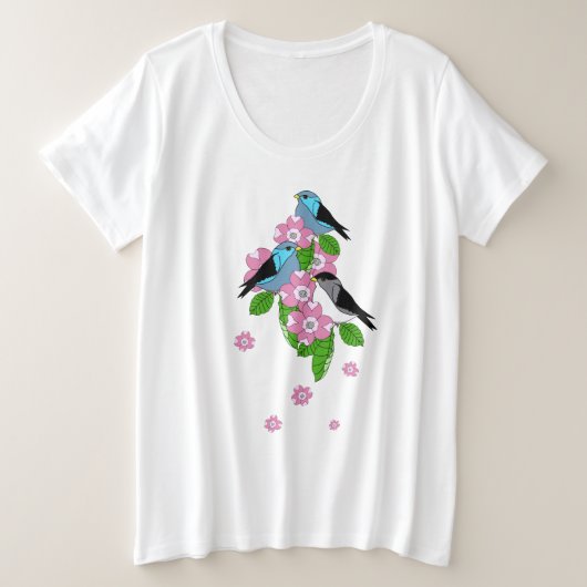 青い鳥、春フォークの花、前後 プラスサイズTシャツ (デザイン正面)