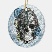 青い黄色いのグランジなキャンデーの砂糖のスカルおよびピンク セラミックオーナメント (左)