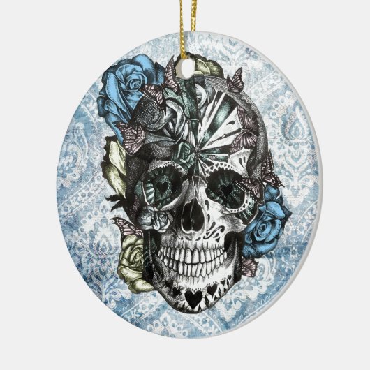 青い黄色いのグランジなキャンデーの砂糖のスカルおよびピンク セラミックオーナメント (左)