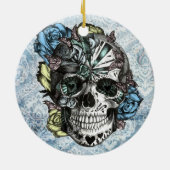 青い黄色いのグランジなキャンデーの砂糖のスカルおよびピンク セラミックオーナメント (裏面)