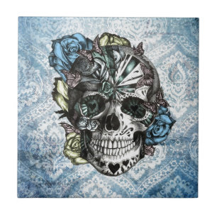 青い黄色いのグランジなキャンデーの砂糖のスカルおよびピンク タイル