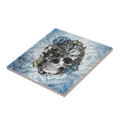 青い黄色いのグランジなキャンデーの砂糖のスカルおよびピンク タイル (側面)