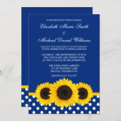 青い黄色いヒマワリおよび白い水玉模様の結婚式 招待状 (正面/裏面)