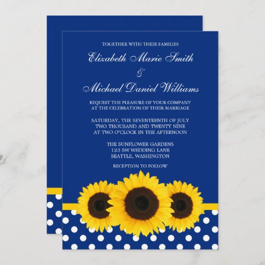 青い黄色いヒマワリおよび白い水玉模様の結婚式 招待状 (正面/裏面)