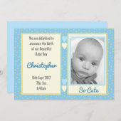 青い黄色とドット誕生詳細とベビー写真 招待状 (正面/裏面)