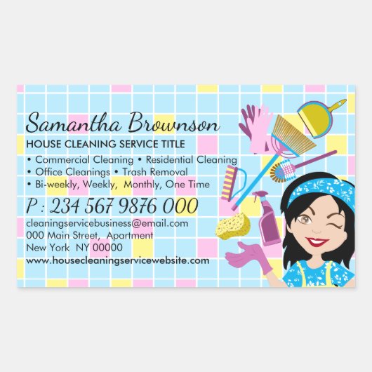 青い黄色のタイルのクリーナーアニメ 長方形シール (正面)