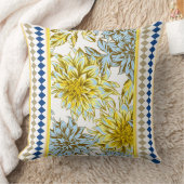青い黄色のダリア(トリム付パターン（の模様が）ある) クッション (ブランケット)