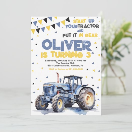 青い黄色のトラクターの誕生日パーティー 招待状 (スタンド正面)