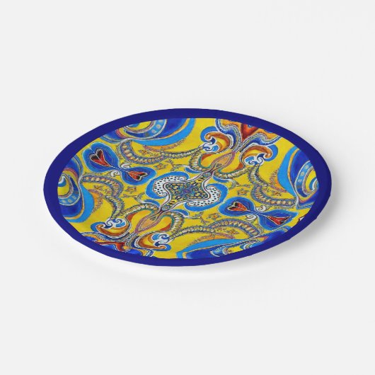 青い黄色のパターンの青いアート端 ペーパープレート (アングル)