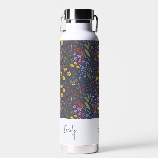 青い黄色のフローラかわいいパーソナライズされたワエレガントイヤ ウォーターボトル (正面)