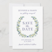 青い黄色のフローラ日付の写真の招待を保存 招待状 (正面)