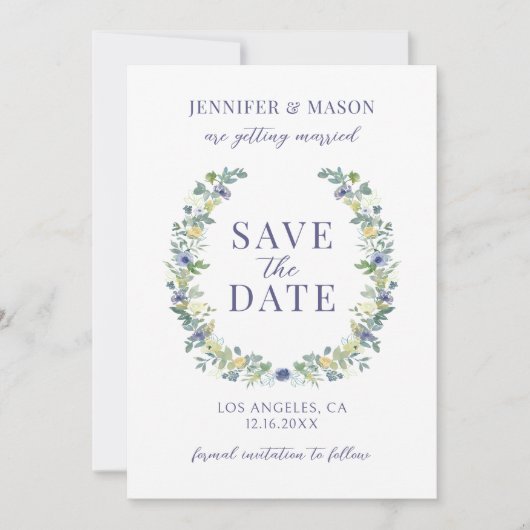 青い黄色のフローラ日付の写真の招待を保存 招待状 (正面)