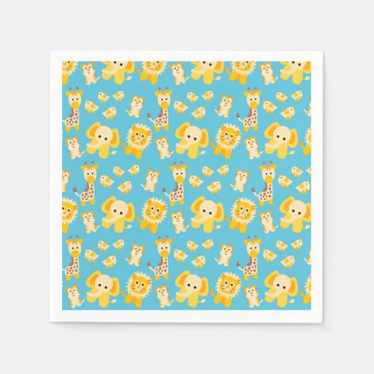 青い黄色のライオン 象 サファリの動物 スタンダードカクテルナプキン (正面)