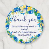 青い黄色のレモンと花の水彩画 ブライダルシャワー フェイバータグ (正面)