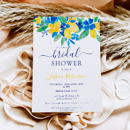 青い黄色のレモン 花水彩 ブライダルシャワー 招待状