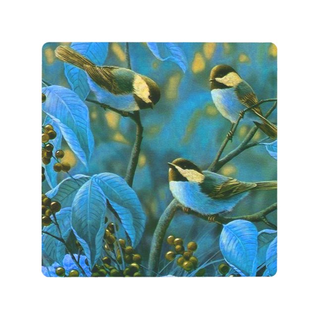 青い黄色の小鳥 メタルプリント (正面)