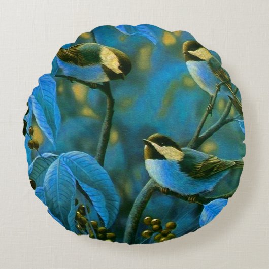 青い黄色の小鳥 ラウンドクッション (正面)