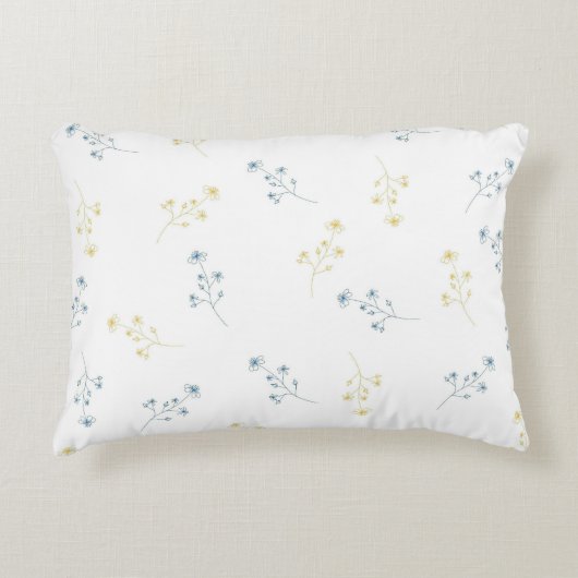 青い黄色の山花模様 アクセントクッション (正面)
