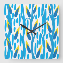 青い黄色の抽象芸術葉ヴィンテージ自然 スクエア壁時計