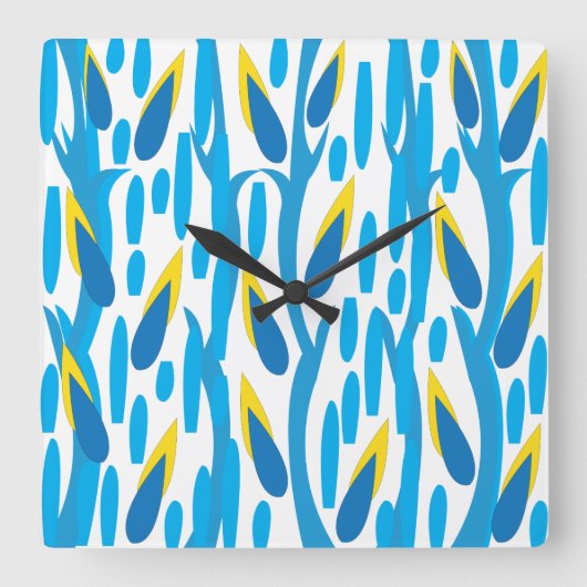 青い黄色の抽象芸術葉ヴィンテージ自然 スクエア壁時計 (正面)
