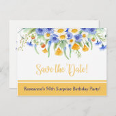 青い黄色の白いワイルドフラワー日付を保存 案内ポストカード (正面/裏面)